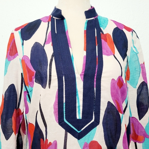 Tory Burch Tunic Top Size S Multicolor Floral Print 100% Cotton Boho Popover - Picture 2 of 15